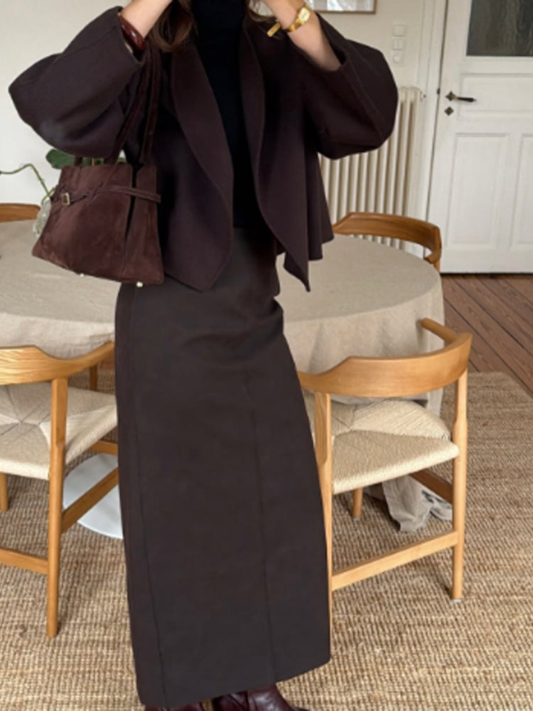 Damen Zweiteiliges Tailoring-Set mit cropped Blazer und hochtailliertem Bleistift-Midirock Drune
