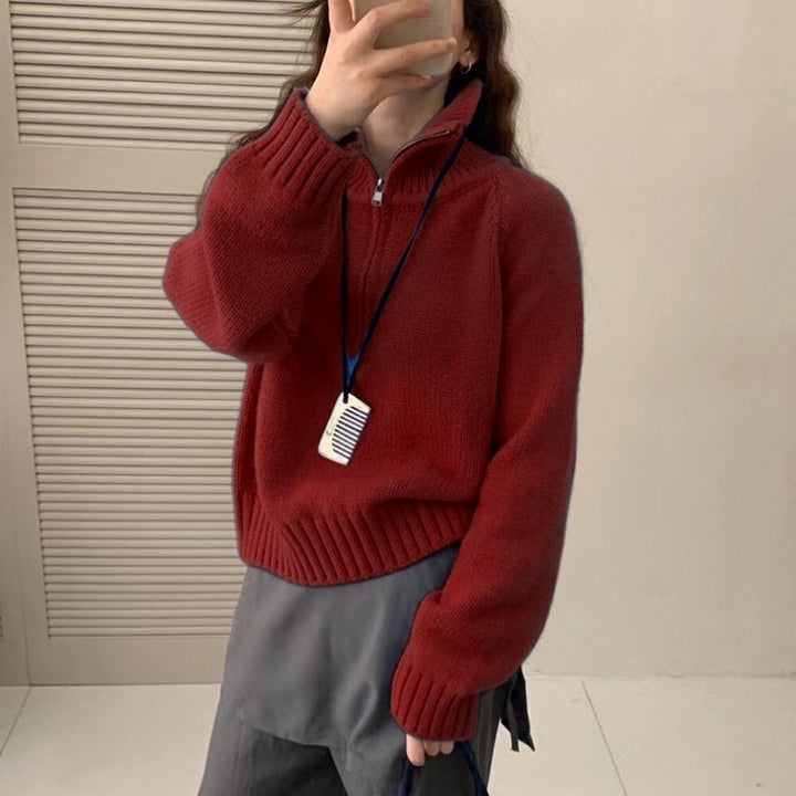 Damen Kuscheliger Gestrickter Pullover mit Stehkragen und Reißverschluss Drune