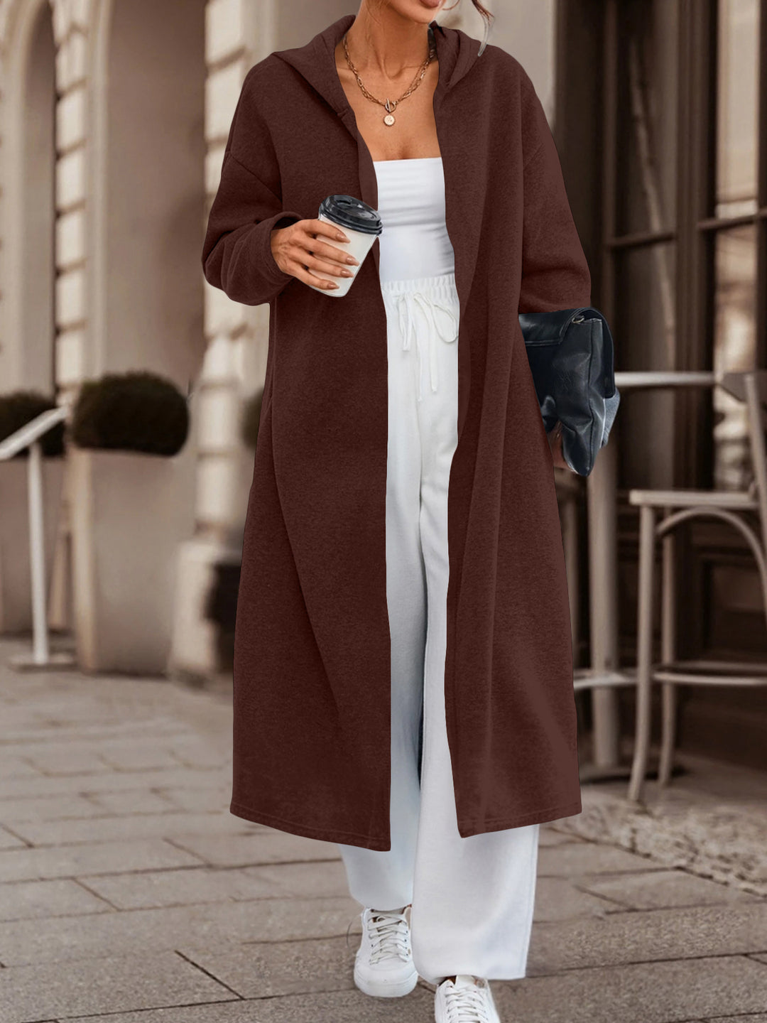 Damen Langer Oversize Kapuzenmantel mit offener Front und weichem Fleece Drune