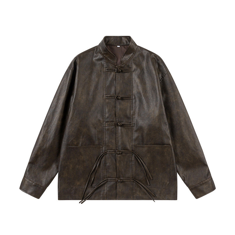 Unisex Asiatisch inspiriertes Oversize-Jackett mit Mandarinkragen und Knotenverschlüssen Drune