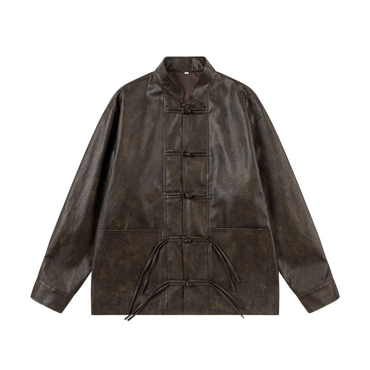 Unisex Asiatisch inspiriertes Oversize-Jackett mit Mandarinkragen und Knotenverschlüssen Drune