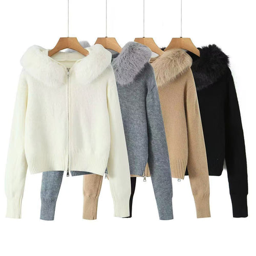 Damen Strickjacke mit luxuriösem Kunstfellkragen und Reißverschluss Drune