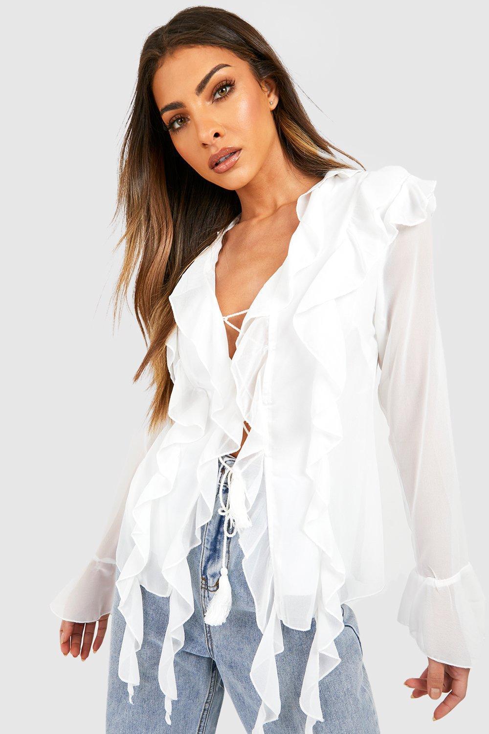 Damen Rüschenshirt mit eleganten Schnürdetails und transparenten Ärmeln Drune