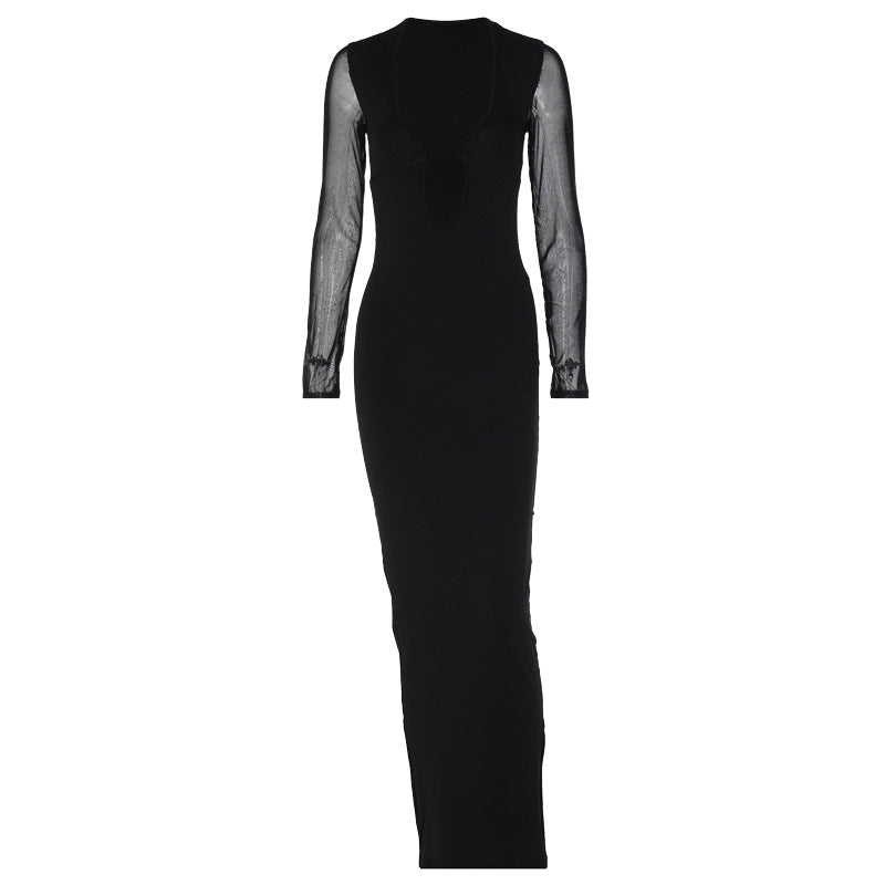 Damen elegantes Maxikleid mit tiefem V-Ausschnitt und transparenten Ärmeln Drune
