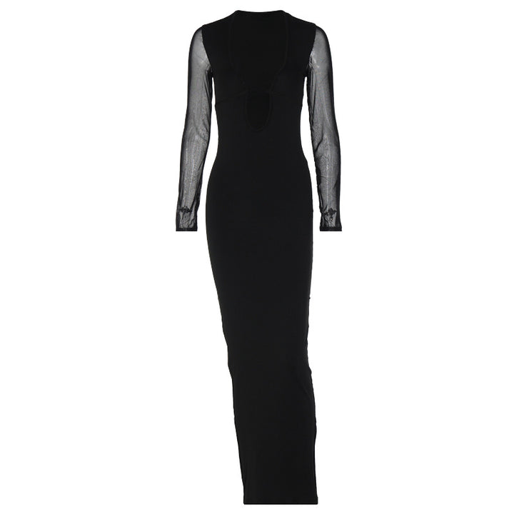 Damen elegantes Maxikleid mit tiefem V-Ausschnitt und transparenten Ärmeln Drune