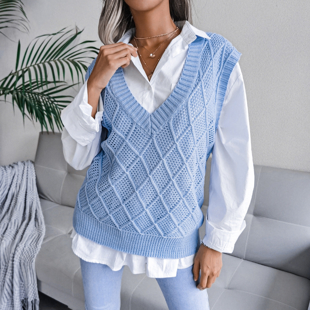 Damen Strickweste mit V-Ausschnitt und karoartigem Muster Drune