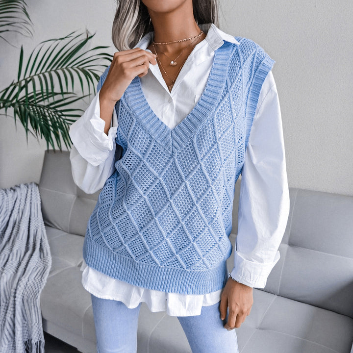 Damen Strickweste mit V-Ausschnitt und karoartigem Muster Drune