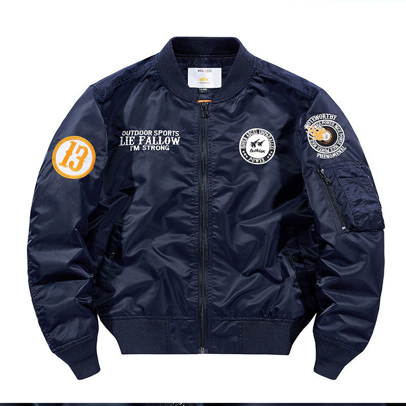 Herren Nylon Piloten-Bomberjacke mit Emblem‑Patches, Ärmel‑Utilitytasche und Rippbündchen Drune