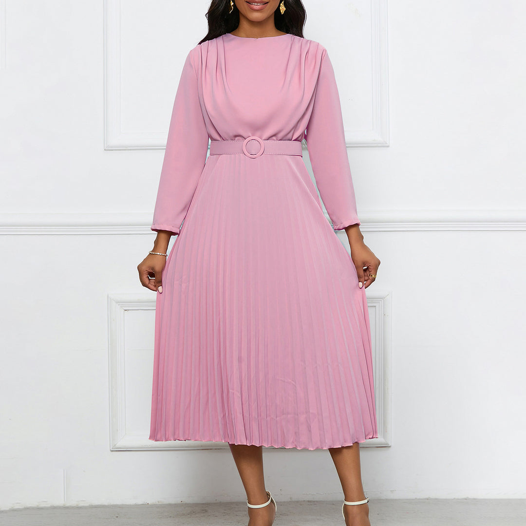 Damen Plisseekleid mit angesetztem Gürtel und eleganten Falten Drune