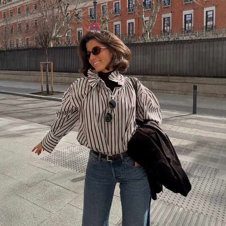 Damen Gestreifte Oversized-Bluse mit Rüschkragen & voluminösen Puffärmeln Drune