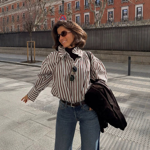 Damen Gestreifte Oversized-Bluse mit Rüschkragen & voluminösen Puffärmeln Drune