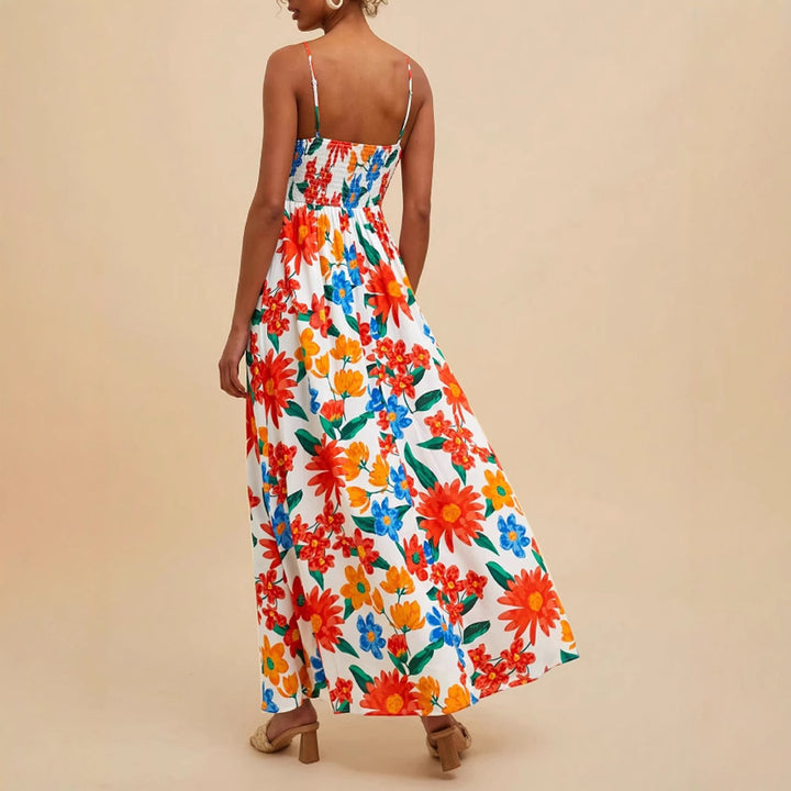 Damen Maxikleid mit buntem Blumenmuster und verstellbaren Trägern Drune
