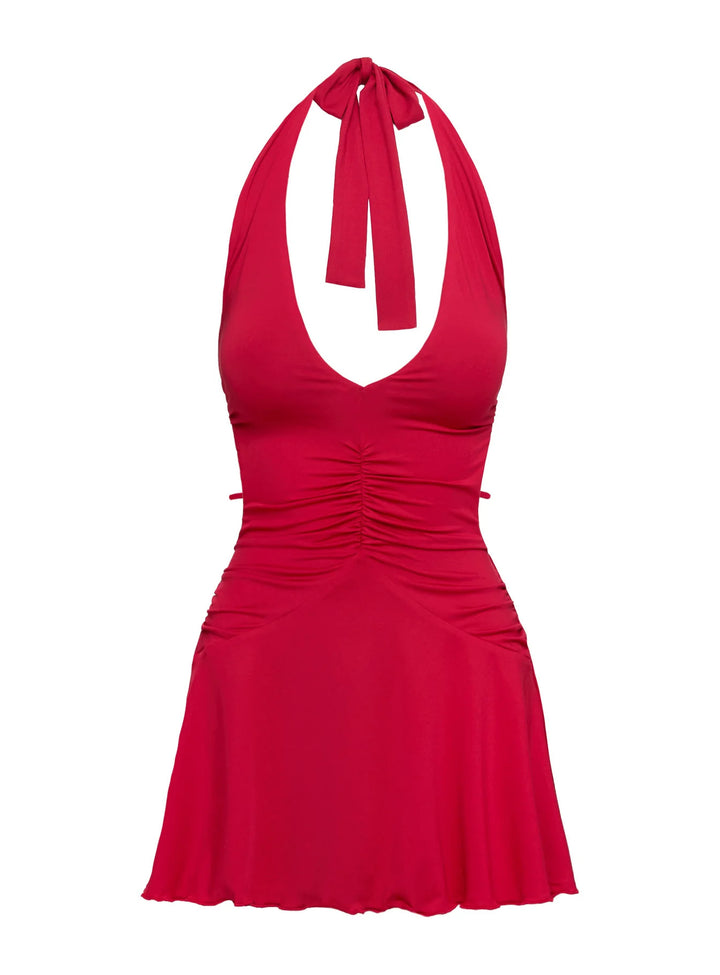 Damen Sommerkleid mit tiefem V-Ausschnitt und Raffung Drune