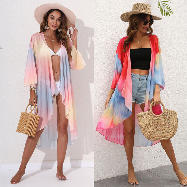 Damen eleganter Strandkimono mit buntem Tie-Dye-Design Drune