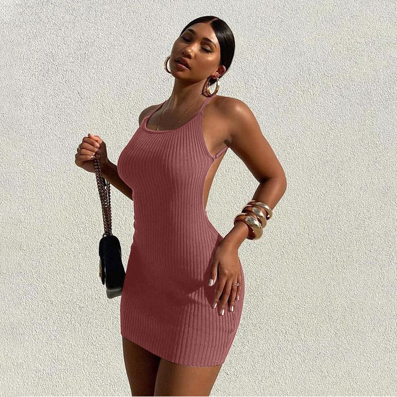 Damen figurbetontes Rippenkleid mit verstellbaren Spaghettiträgern Drune