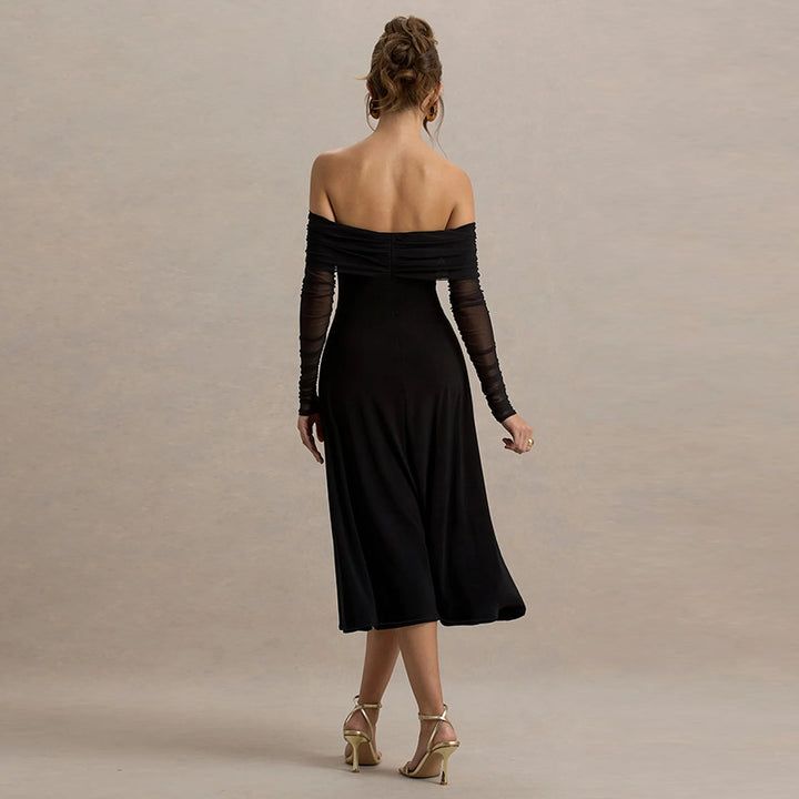 Damen elegantes schulterfreies Midikleid mit Rüschendetails und transparenten Ärmeln Drune