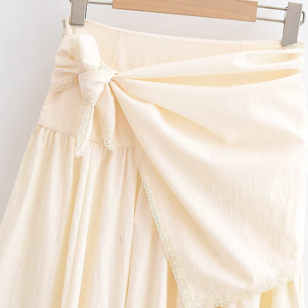 Damen Midirock mit Wickel-Overlay, hoher Taille und Spitzenbesatz Drune