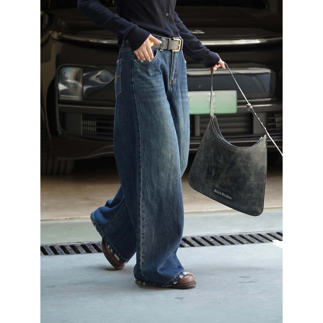 Damen Weite Vintage-Denim Jeans mit hohem Bund und ausgefranstem Saum Drune