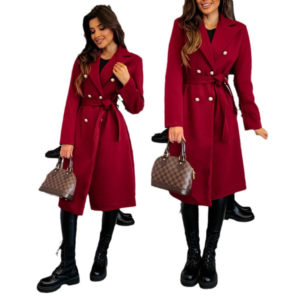 Damen eleganter Knielanger Trenchcoat mit Gürtel und doppelter Knopfleiste Drune