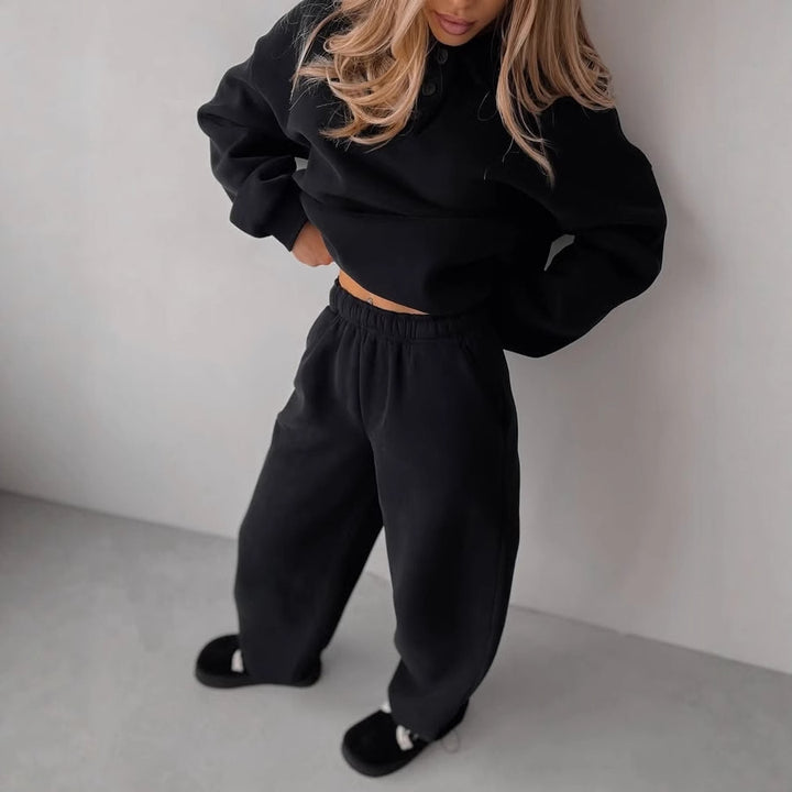 Damen sportliches Fleece-Set mit weiten Hosen und Polokragen Drune
