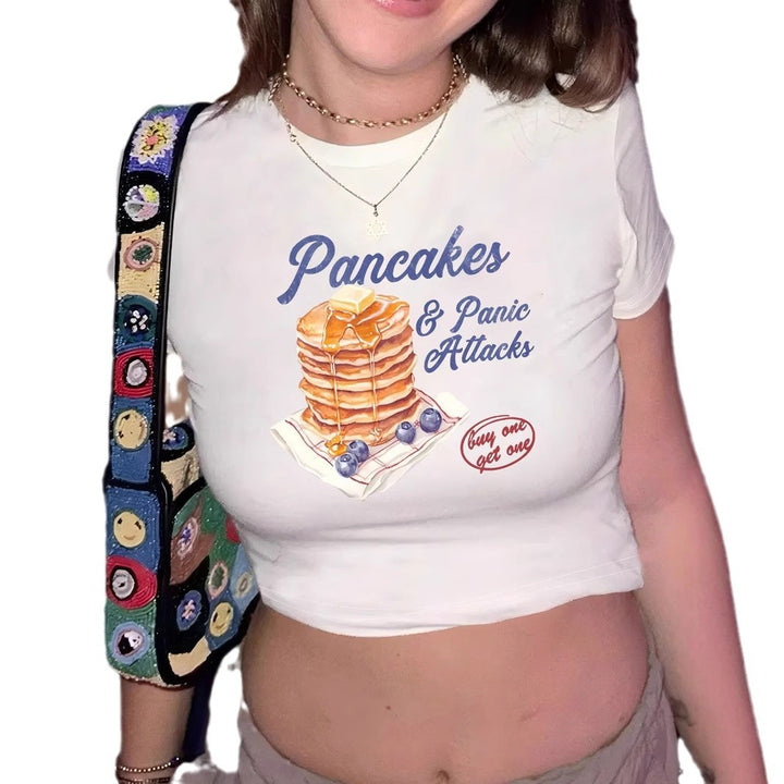Damen Crop-T-Shirt mit humorvollem Pfannkuchen-Design Drune