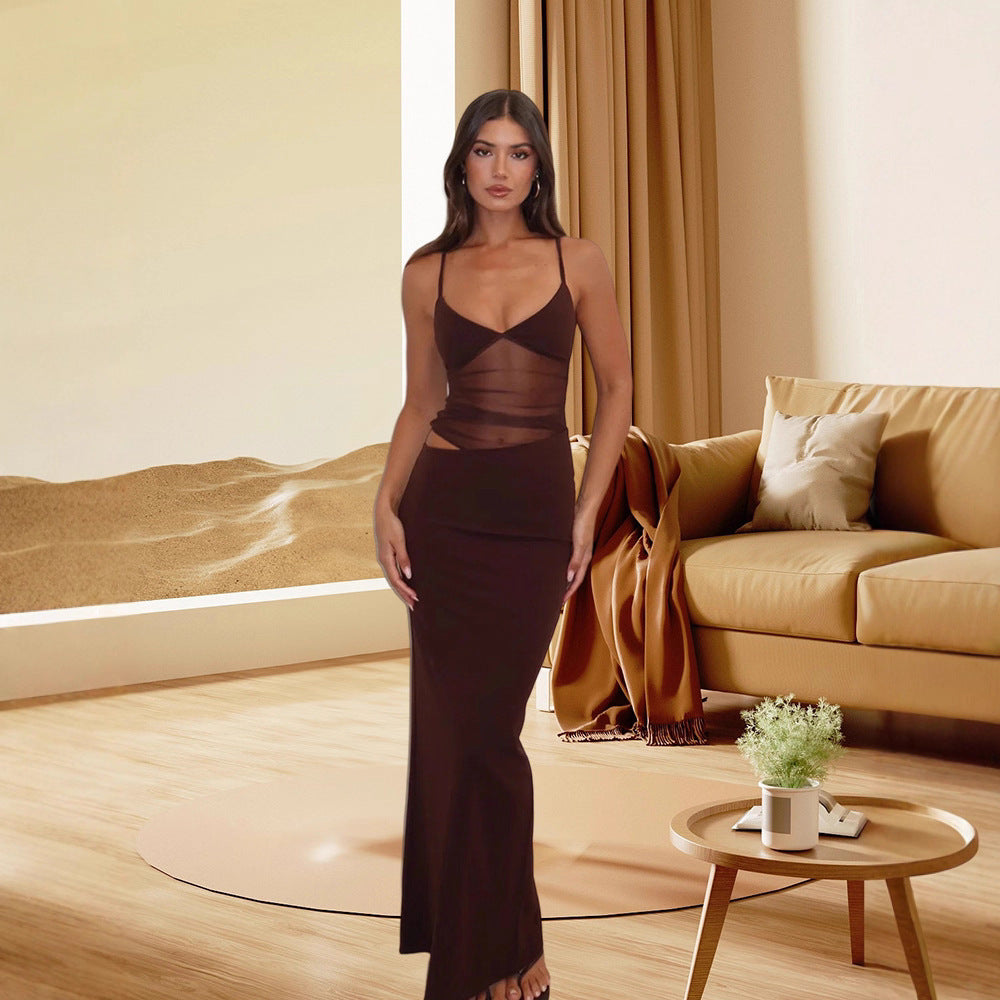 Damen Elegantes Stretch-Maxikleid mit transparenten Einsätzen und spaghetti Trägern Drune