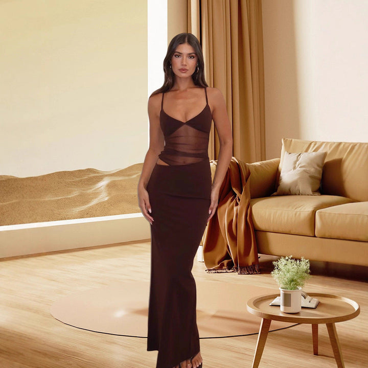 Damen Elegantes Stretch-Maxikleid mit transparenten Einsätzen und spaghetti Trägern Drune