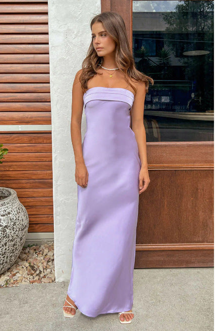 Drune | Sommer Einfarbiges Trägerloses Elastisches Rückfreies Satin Kleid