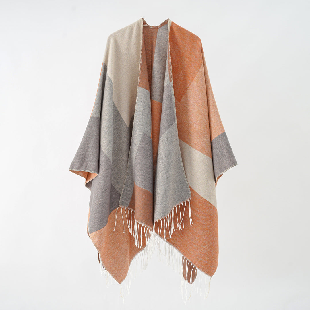 Damen Großer Wolloptik-Poncho mit geometrischem Blockmuster und Fransensaum Drune