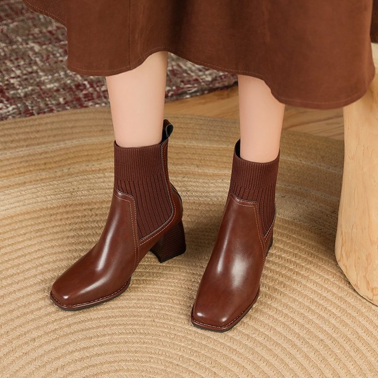 Damen Elegante Chunky Stiefeletten mit Strick-Einsatz Drune