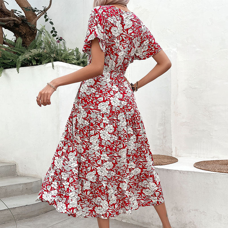 Damen Midikleid im romantischen Floralprint mit V-Ausschnitt und lockerer Passform Drune