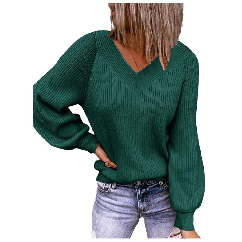 Damen Strickpullover mit V-Ausschnitt und Ballonärmeln Drune