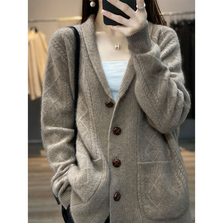 Damen Strickjacke mit Kapuze und großen Knöpfen Drune