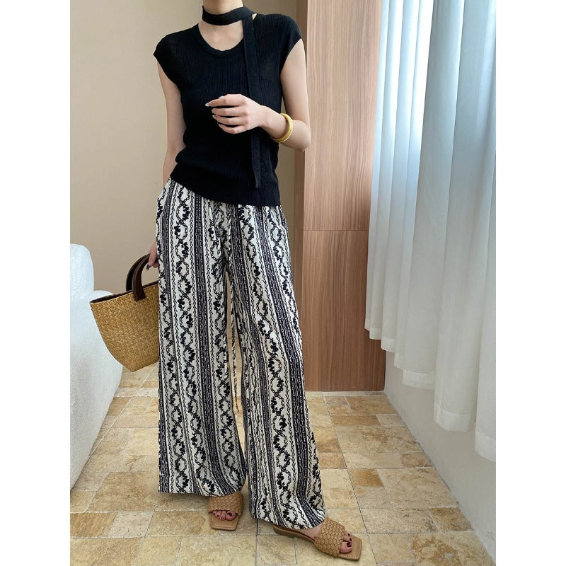 Damen lässige Palazzohose mit geometrischem Muster und elastischem Bund Drune