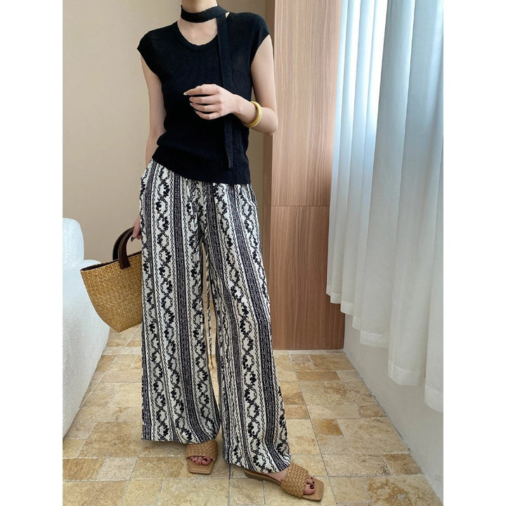 Damen lässige Palazzohose mit geometrischem Muster und elastischem Bund Drune