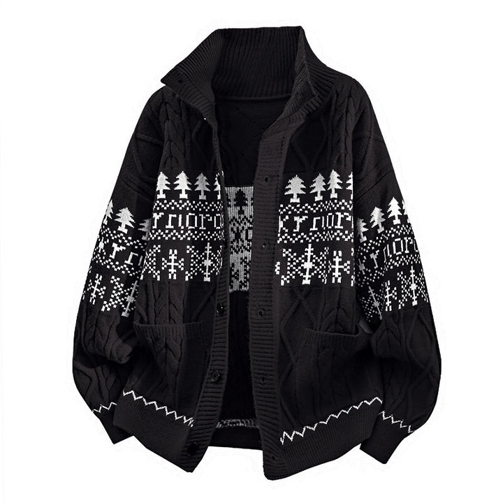 Damen nan gestrickter Norweger-Cardigan mit Stehkragen, Zopfmuster und aufgesetzten Taschen Drune