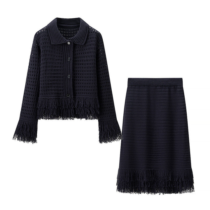 Damen Taillierte Strickjacke mit Fransenbesatz und Hemdkragen Drune