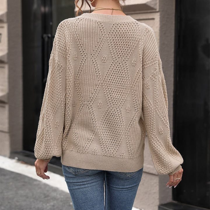 Damen Strukturierter Ajour-Strickpullover mit Rauten‑Muster und Ballonärmeln Drune