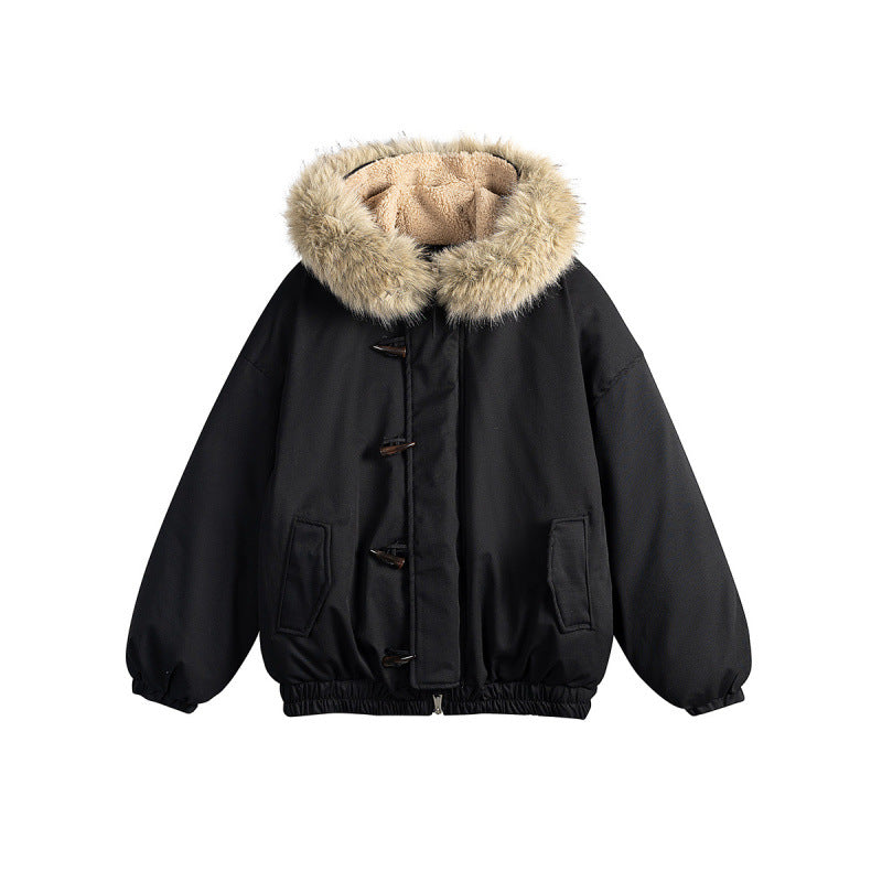 Unisex Gepolsterte Kapuzenjacke im Boxy‑Cut mit Teddyinnenfutter, Kunstfellkragen und Knebelverschlüssen Drune