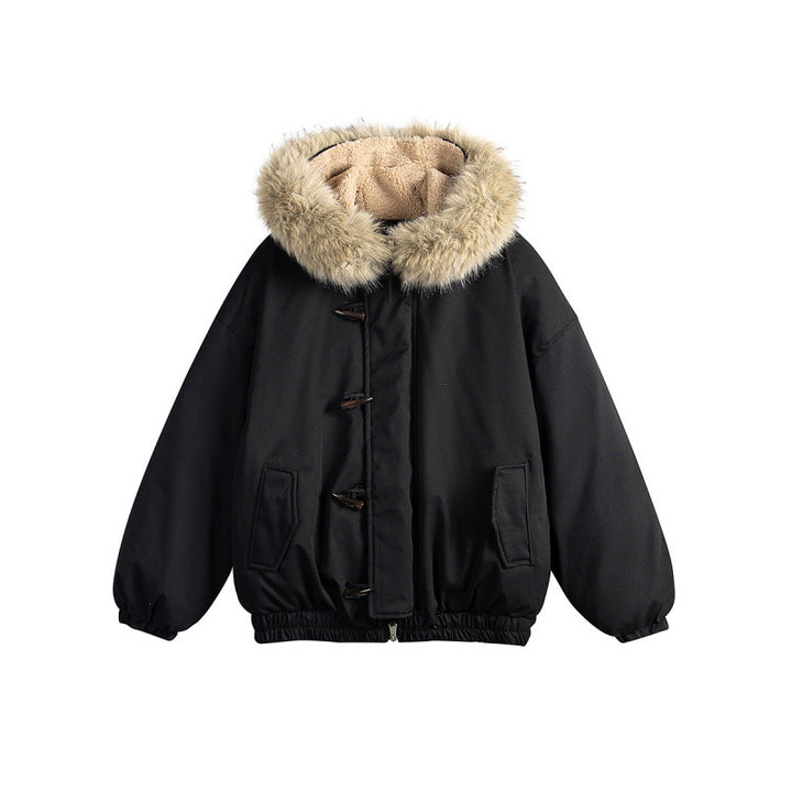 Unisex Gepolsterte Kapuzenjacke im Boxy‑Cut mit Teddyinnenfutter, Kunstfellkragen und Knebelverschlüssen Drune