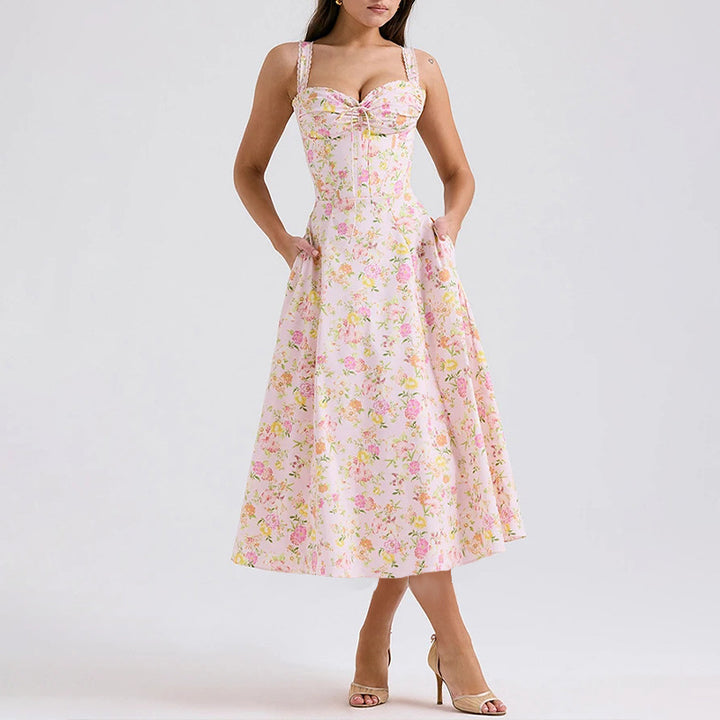 Damen Maxikleid mit floralem Design und raffiniertem Oberteil Drune