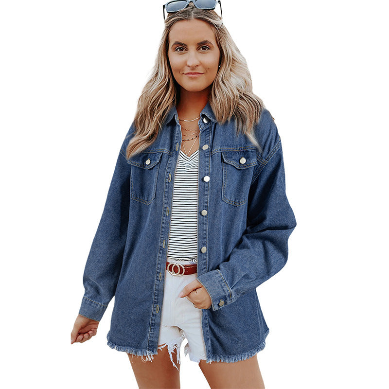 Damen Denim-Hemdjacke mit abgerundetem Saum und abnehmbaren Taschen Drune