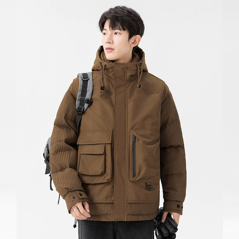 Herren Gepolsterte Winterjacke mit Kapuze, gesteppte Ärmel und Cargo-Taschen Drune