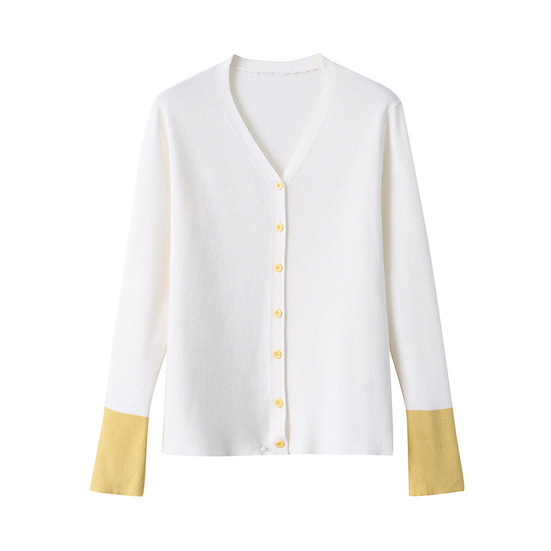 Damen modische Strickjacke mit farblich abgesetzten Ärmeln und Knopfdetails Drune