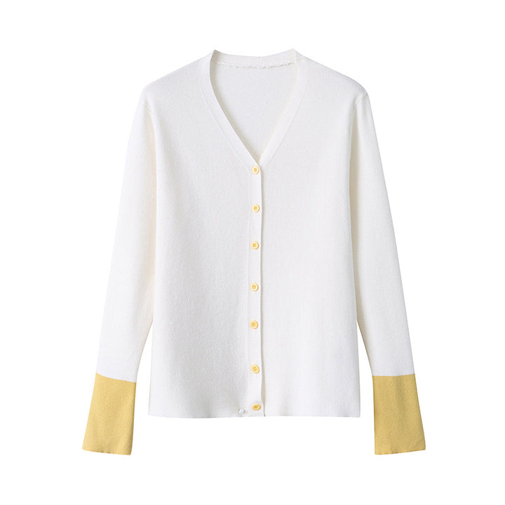 Damen modische Strickjacke mit farblich abgesetzten Ärmeln und Knopfdetails Drune