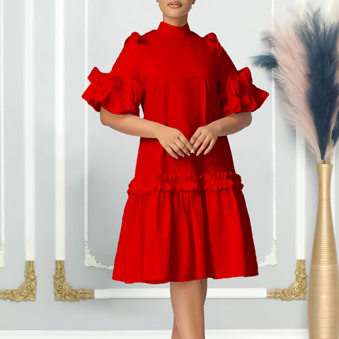 Damen Midikleid mit voluminösen Rüschenärmeln und elegantem Stehkragen Drune