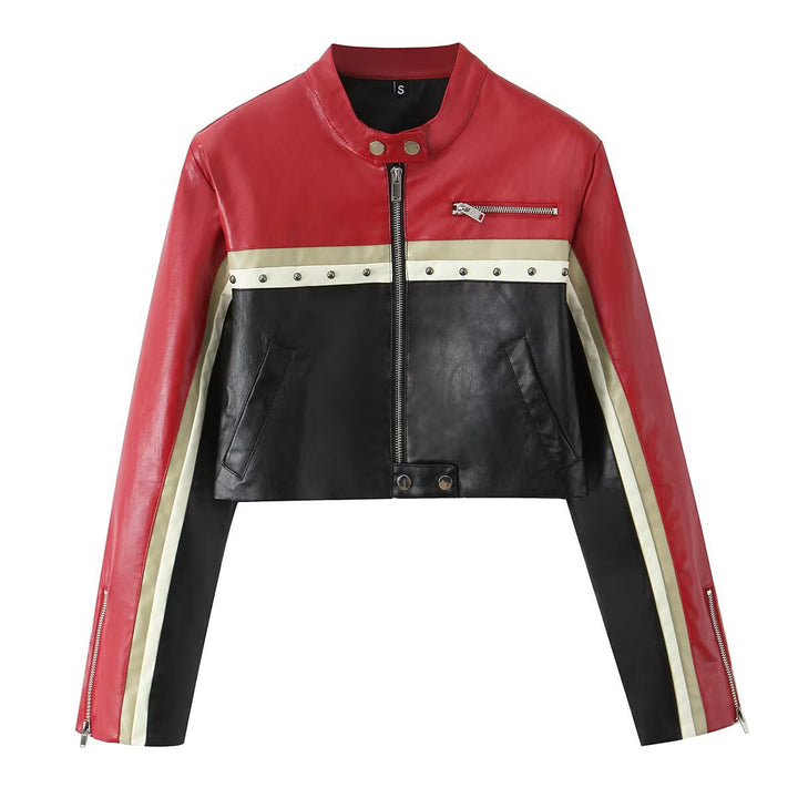 Damen Kunstlederjacke mit kontrastierenden Farbstreifen und Zipper-Details Drune