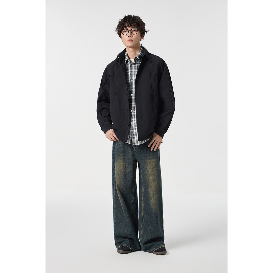 Damen Oversize-Hemdjacke mit geschwungener Teilnaht und Druckknopfleiste Drune