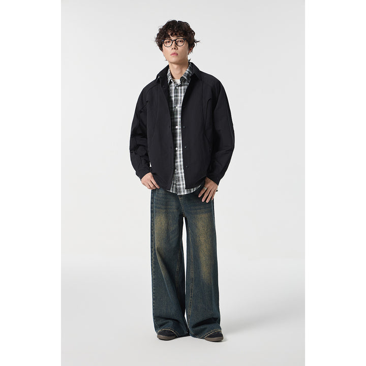 Damen Oversize-Hemdjacke mit geschwungener Teilnaht und Druckknopfleiste Drune
