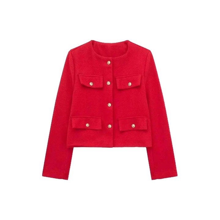Damen Kurzjacke im Bouclé-Style mit Rundhalsausschnitt, Zierknöpfen und aufgesetzten Pattentaschen Drune
